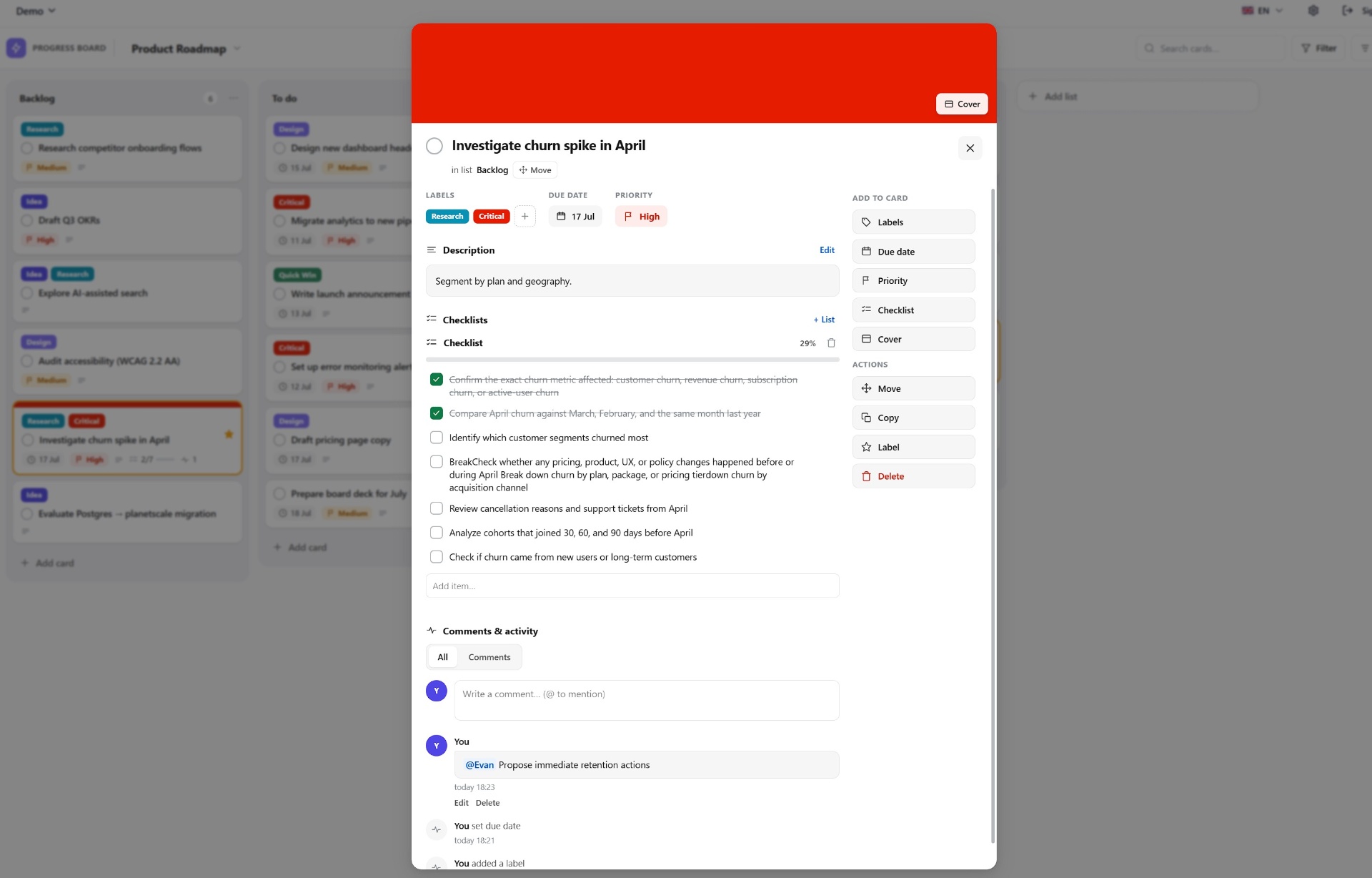 A TaskMotion card detail with checklist and comments