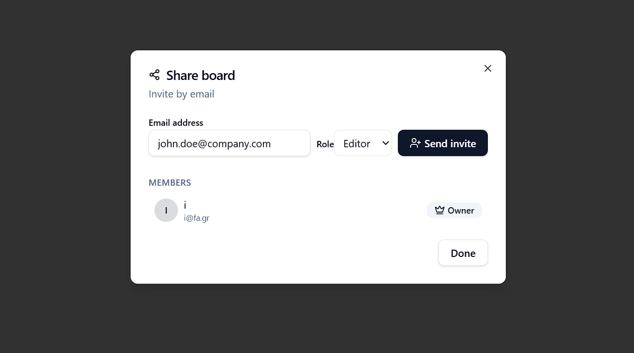 TaskMotion share-board dialog inviting a teammate by email